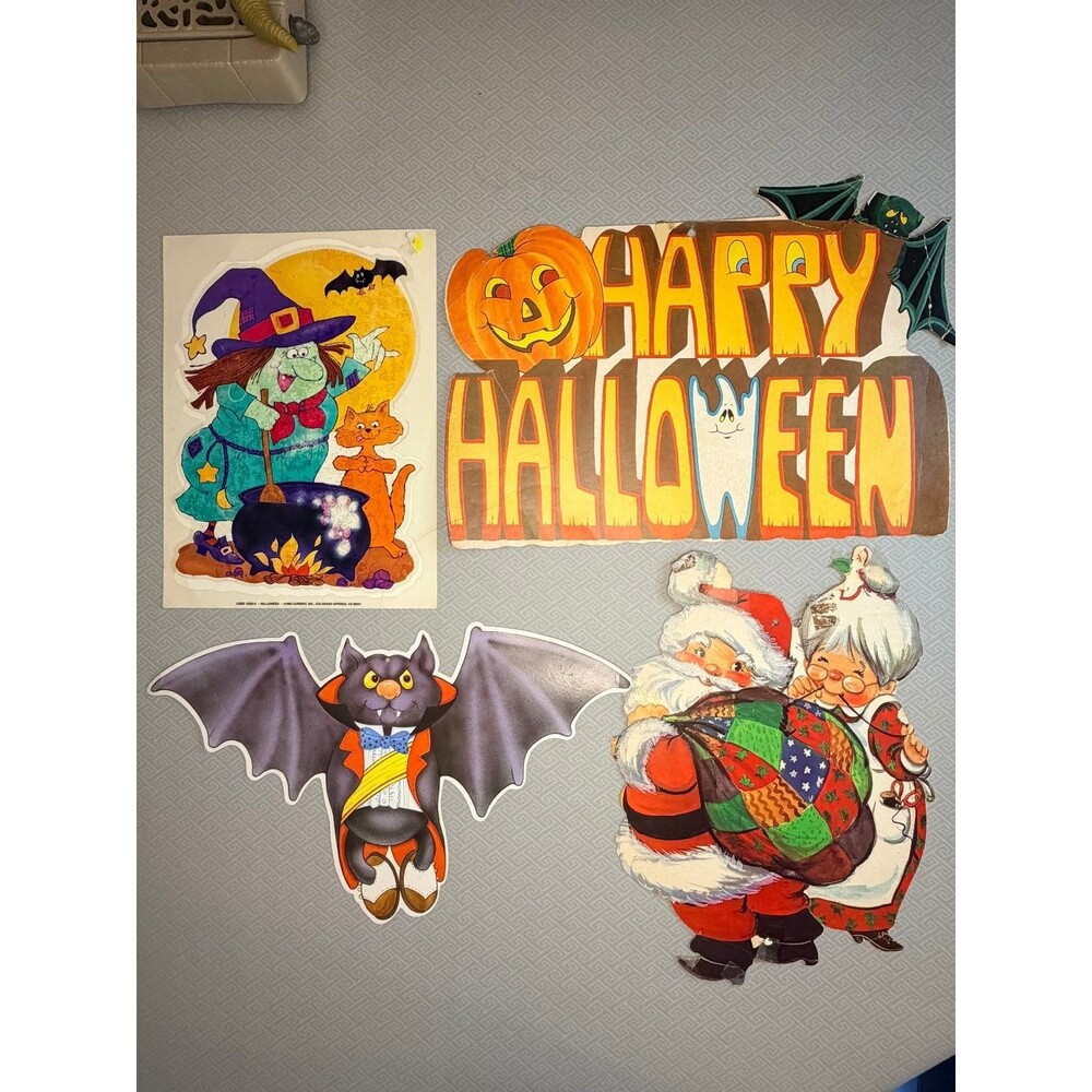 4 Vintage DIE CUTS Halloween & Christmas Decorations Current Inc. Window Cling